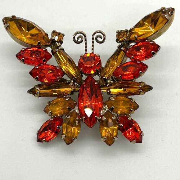 DeLizza & Elster, Juliana Jewelry - Vintage Juliana Butterfly Brooch Orange Amber Rhinestone DeLizza & Elster #1795